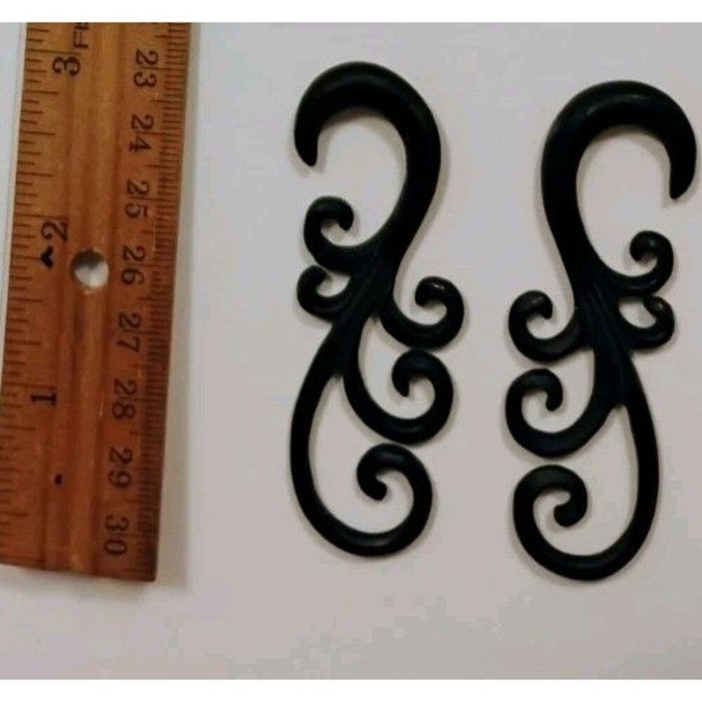 Carved Black Organic Tribal Scroll Ear Hangers Tapers Gauges Pair